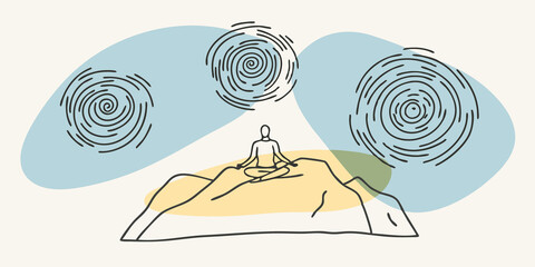 Poster - Timeless Tranquility A solitary figure sits atop a rocky outcrop at night surrounded by vast starfields. The stars above appear to form spirals enveloping the meditator in a