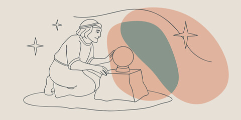 Poster - Timeless Reflection An elderly person sits on a weathered stone peering into a crystal ball that rests on their lap. Starlight glimmers across their wise face as they seek answers