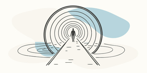 Poster - Torus Gateway A person walks towards a glowing toroidal portal situated over a river. The portal is filled with endless cycles of swirling colors and geometric patterns creating a