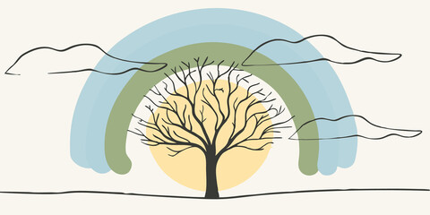 Poster - Time of Day A radiant sunset behind the tree illuminates the scene with the warm colors of the sun blending with the cool tones of the rainbow aura. The tree remains central