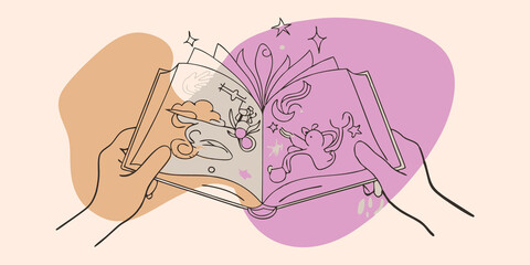 Poster - Timeless Tales A childlike hand and an adult hand hold an open book filled with whimsical fantastical symbols such as dragons and mystical creatures. The symbols create an