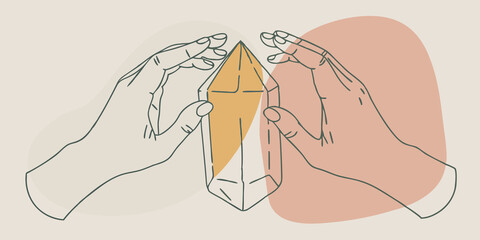 Poster - Touch of Nature Hands with slight dirt stains cradle a rough earthy brown crystal. A gentle blush of amber light radiates from the stone evoking a connection to nature and