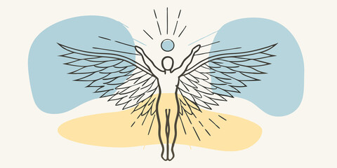 Poster - Transcendent Energy A silhouetted figure stands tall with angel wings that tower behind as vibrant chakra colors burst forth like fireworks symbolizing the awakening of spiritual