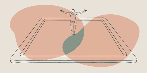 Poster - Transcendent Encounter An expansive pool of mystical blue light mirrors the depths of the cosmos. A person arms outstretched levitates above the water enveloped in a halo of soft