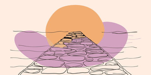 Aufkleber - Tranquil Journey The sun just peeking above the horizon painting the sky in hues of orange and pink. The path is a simple clay track with tered stones and shadows from nearby rocks