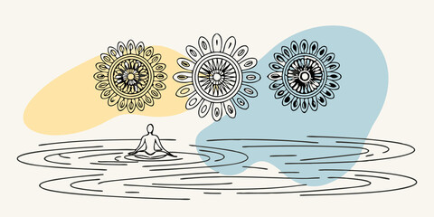 Poster - Tranquil Waters A figure is meditating near calm water with mandalas reflecting in the surface. Light patterns dance from the mandalas to the water creating ripples of color that