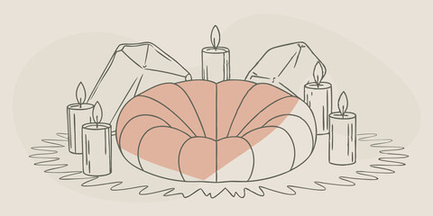 Poster - Tranquil Vibes Envision a cozy nook with plush cushions positioned in a large circle. At the center an array of crystals and carefully p candles emit a gentle light illuminating