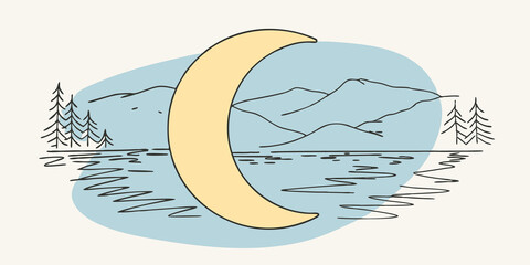 Poster - Waning Crescent Reflection A waning crescent moon is visible above a quiet mirrored lake. The water reflects the moons gentle curve along with the faint constellations while the