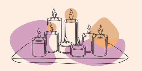 Poster - Warm Ambiance A group of candles of varying heights is arranged around a low table. Each ones flame glows softly casting a warm amber light that contrasts beautifully against the