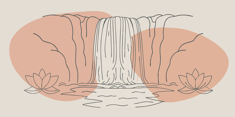 Poster - Waterfall A majestic waterfall cascading down rocky cliffs. Surrounding the falls are concentric circles and lotus designs harmonizing with the flowing water and emphasizing its