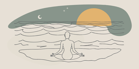 Poster - Waves and Whispers A solitary figure meditates on the beach surrounded by the whispering sounds of the waves. The stars le like distant candles creating a serene atmosphere of