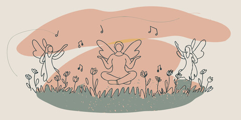 Poster - Whimsical Serenity An individual sits crosslegged in a meadow sprinkled with wildflowers while playful angels with colorful wings dance around them. The angels laughter is depicted