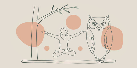 Poster - Wisdom of the Owl In a tranquil forest clearing a person in a meditative pose opens their arms wide embracing the stillness. Perched on a low branch above a large dignified owl