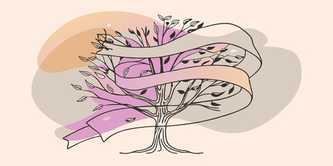 Poster - Wind of Change The tree sways gently in a breeze with flowing ribbons that carry symbols like feathers and shells symbolizing freedom and the everchanging nature of life and