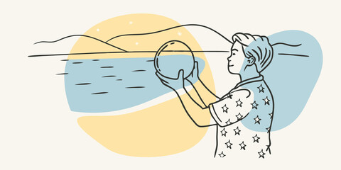 Poster - Wonderment in Wonder A young individual stands on a beach under a starry sky. They are entranced by the crystal ball in their hands with cosmic reflections of the Milky Way
