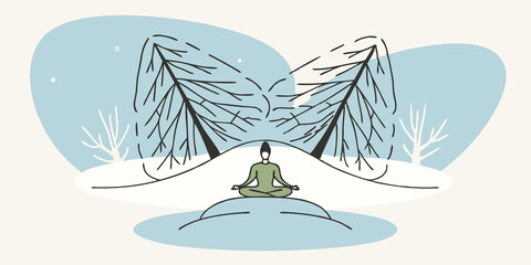 Poster - Winter Solitude In a serene snowcovered landscape a figure sits in meditation on a large rock. Behind them frosty wings of light emerge sparkling like fresh snow with blues and