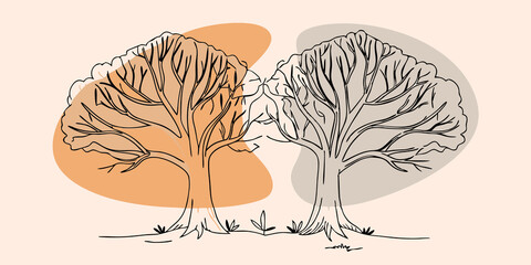 Poster - YinYang Two trees one dark and one light leaning into each other to create a yinyang symbol with their branches weaving together to denote balance surrounded by smaller shrubs