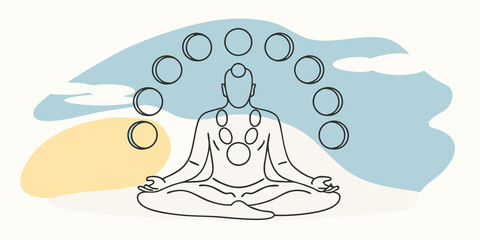 Poster - Zen and the Moon A tranquil figure seated in meditation with a calm expression. Above and around the moon phases are arranged like a necklace glowing softly against a gradient sky