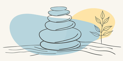 Poster - Zen Aesthetic A minimalist depiction of a light blue serpent simply drawn with each chakra as smooth rounded stones stacked vertically resonating with peaceful energy emanating
