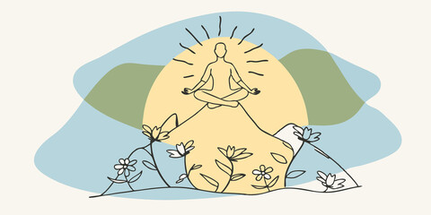 Poster - Zen Ascent A closeup of a person meditating on a rock with blooming mountain flowers at their feet as the sun rises behind them symbolizing hope and the beginning of a new day