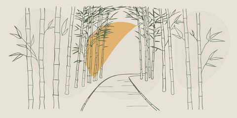 Poster - Zen Awakening A tranquil scene of a bamboolined path bathed in the soft early morning light. The suns rays trate the dense foliage illuminating areas of the path and creating a