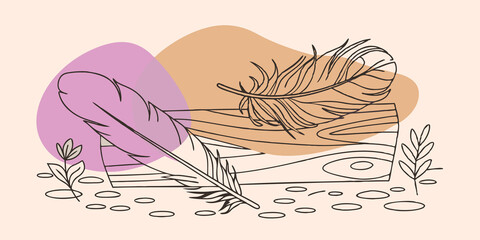 Poster - Zen Garden Vibes A tering of soft lightcolored feathers rests on a smooth wooden surface surrounded by small pebbles and miniature plants invoking tranquility and a sense of