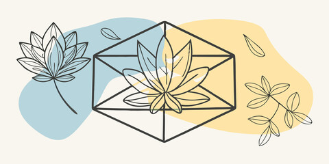 Poster - Zen Garden Against a smooth stone background a minimalist crystal grid is enhanced by tered vibrant herbal leaves and petals. The simplicity of the design evokes a peaceful