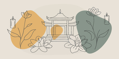 Poster - Zen Garden in the Sky Surrounding the temple is a tranquil garden filled with celestial flowers. Candles drift above the blossoms illuminating the petals in hues of gold and silver