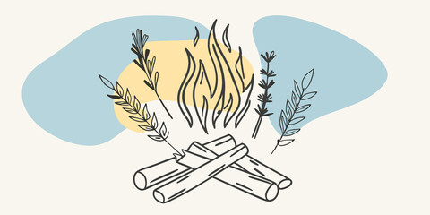 Poster - Alchemy of Aroma A cozy fire with fragrant herbs like sage interspersed with bright lavender. The aroma fills the space creating a magical healing atmosphere as the flames rise.