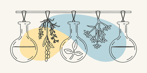 Poster - The Elixir Chamber A serene corner of the lab filled with delicate glass carafes containing colorful liquids. Hanging herbs and dried flowers surround a central symbol representing
