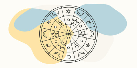 Poster - Zodiac Wheel Form a circular mandala with symbols representing the zodiac signs p symmetrically around the outer edge. Space small stars and crescent moons between them integrating