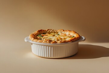 Sticker - Closeup of a baking dish featuring a delicious chicken pot pie against a beige backdrop