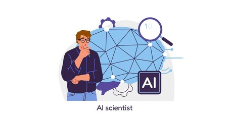 Wall Mural - man ai scientist. moving banner with young guy with neural network. artificial intelligence and mach