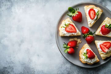 Wall Mural - Triangle shaped homemade scones with cream and strawberries on a sunny gray table Traditional English pastries