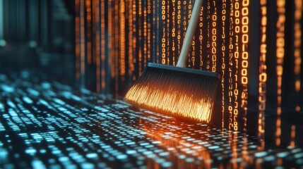 Poster - Digital Cleaning Concept with Broom Sweeping Binary Code from Floor in Futuristic Environment Representing Data Management and Cyber Hygiene Practices