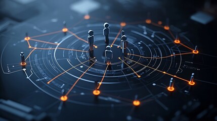 Aufkleber - collaborative digital figures arranged in a circular pattern connected by glowing lines on a black b