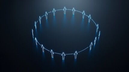Fototapete - Interconnected 3D human figures with bright luminous lines forming a circular network on a sleek minimalist black background representing technological innovation digital connectivity
