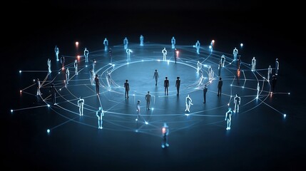 Fototapete - Interconnected 3D human figures with bright luminous lines forming a circular futuristic composition against a minimalist black background symbolizing themes of technology connectivity