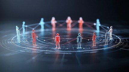 Poster - Radiant digital 3D figures interconnected in a symbolic circular structure over a dark backdrop illustrating the concept of unity shared purpose and