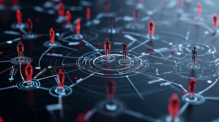 Leinwandbilder - Radiant 3D human like figures interconnected by bright lines forming a circular digital network against a sleek black backdrop symbolizing connectivity communication and technological innovation