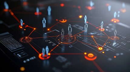 Aufkleber - Futuristic rendering of connected 3D figures in a circular network with glowing lines on a dark background representing the and communication of advanced digital systems and intelligence