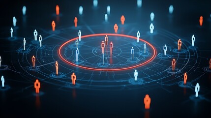 Poster - rendering of glowing 3D figures in a circular connection with radiant light beams on a seamless black backdrop creating a futuristic minimalist and visually captivating digital artwork