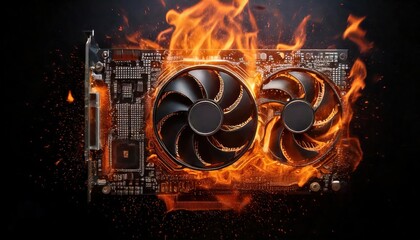 Poster -  fire splashes. Dramatic scene of computer components graphics card undergoing intense overclock