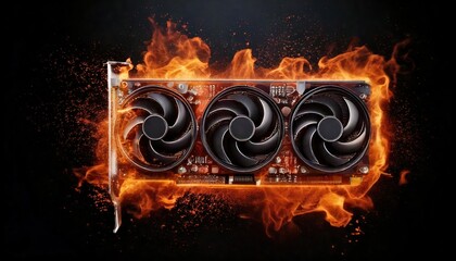 Poster -  fire splashes. Dramatic scene of computer components graphics card undergoing intense overclock