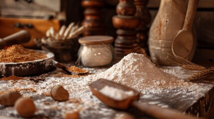 Wall Mural - Flour and baking ingredients on a rustic kitchen table