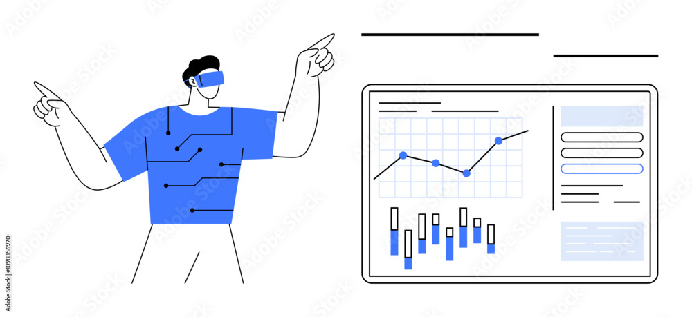 Man wearing virtual reality headset and analyzing data with interactive ...