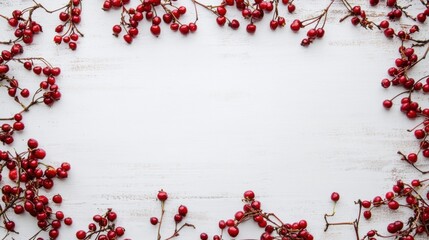 Wall Mural - Sweet cherries forming a frame on a white wooden background