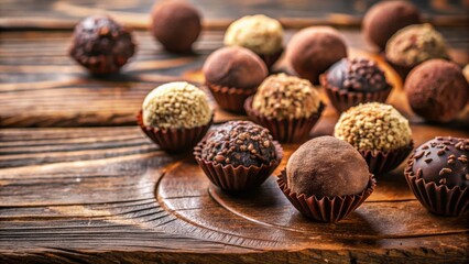 Wall Mural - Closeup view of homemade dark chocolate truffles on wooden background, chocolate, candy, truffle, dessert, gourmet, sweet