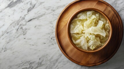 Poster - Braised cabbage soup bowl on wooden plate with text space