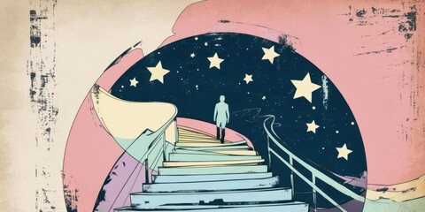 Wall Mural - Pastel dream. A surreal illustration of a figure walking up a staircase towards a starry sky, blending vibrant colors and dreamlike elements.